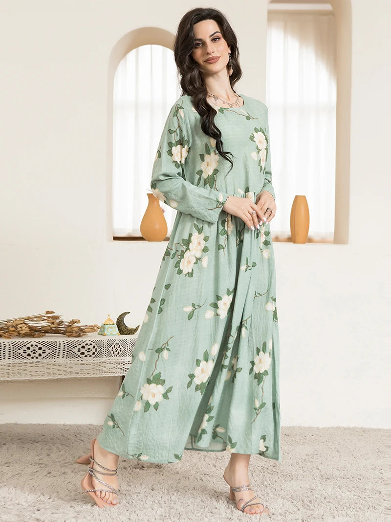 Casual Round Neck Floral Print Wrinkle Spliced Long Dress Mint Green