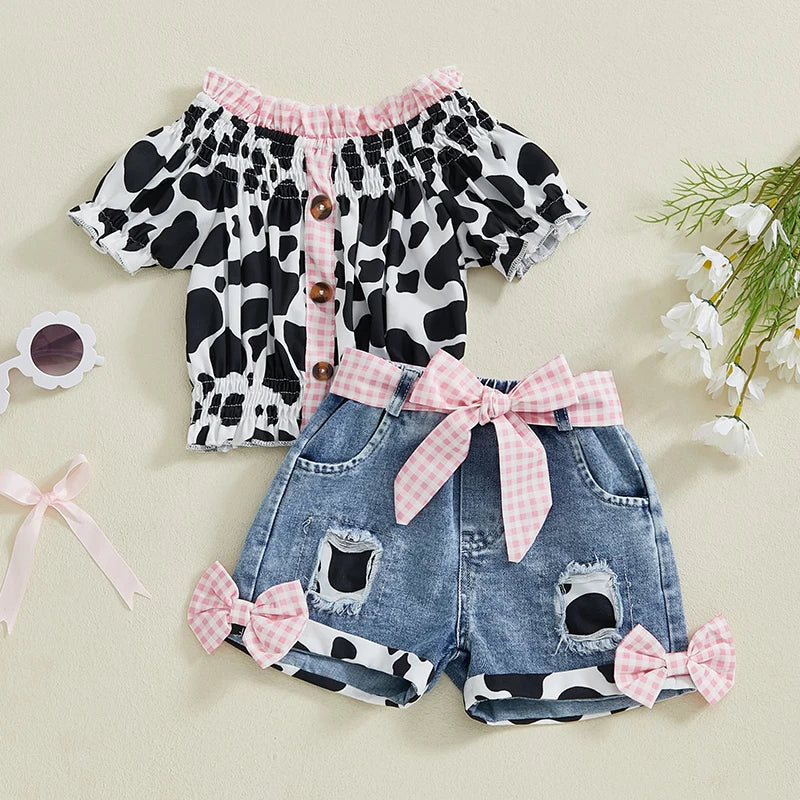 Girls Summer Outfit Cow Print T-Shirt and Denim Shorts Set