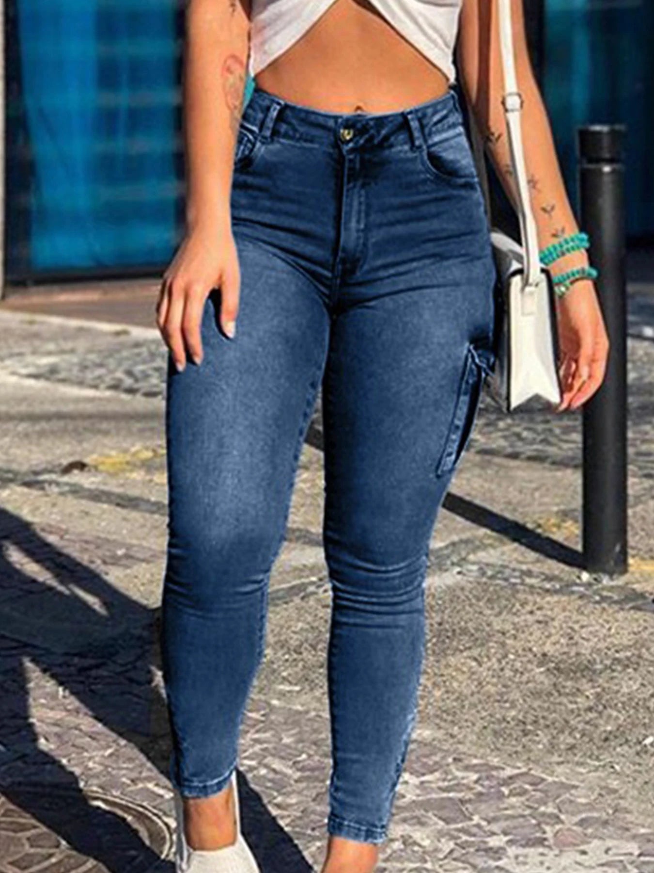 Women's Elastic Mid Waist Zipper Tight Cargo Jeans Ankle Length Pants