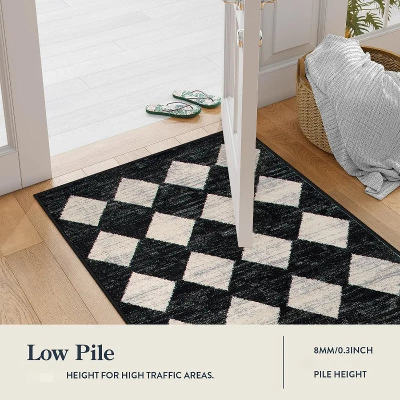 Washable Black And White Kitchen Runner Rug Faux Wool 2 Feet By 5 Feet