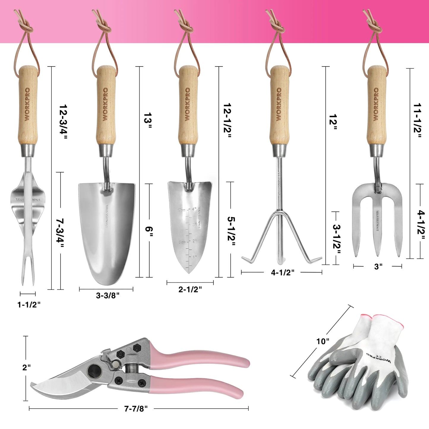 8-Piece Pink Garden Tool Set with Fork Spade Gloves
