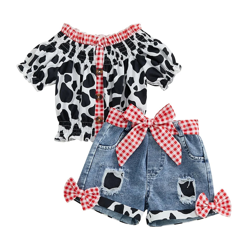 Girls Summer Outfit Cow Print T-Shirt and Denim Shorts Set