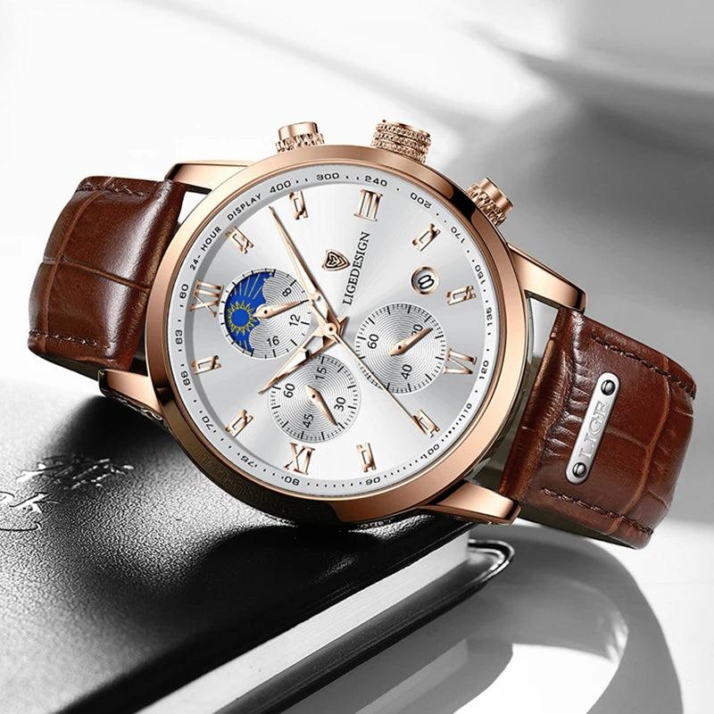 Men's Quartz Wristwatches Casual with Leather Band and Chronograph