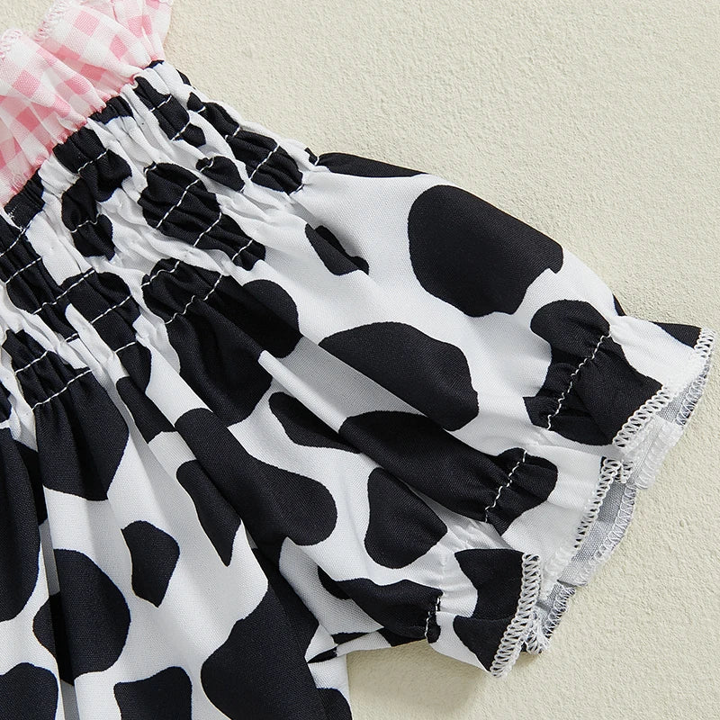 Girls Summer Outfit Cow Print T-Shirt and Denim Shorts Set
