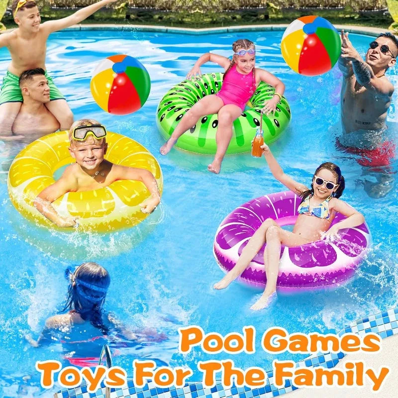 6 Pack Inflatable Kids Pool Floats with Kiwi Pineapple Grape Floats and Rainbow Beach Balls