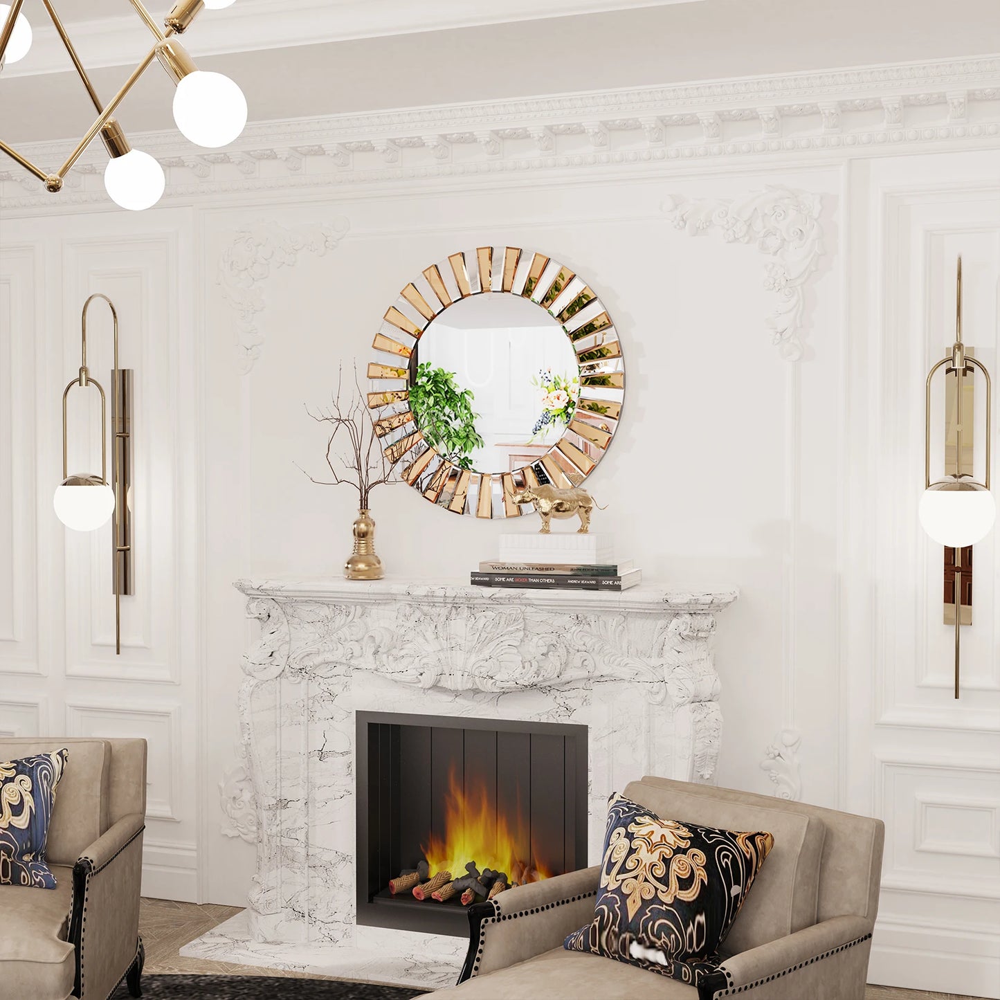 Decorative Round Sunburst Wall Mirror Luxury Modern Art Space Decor