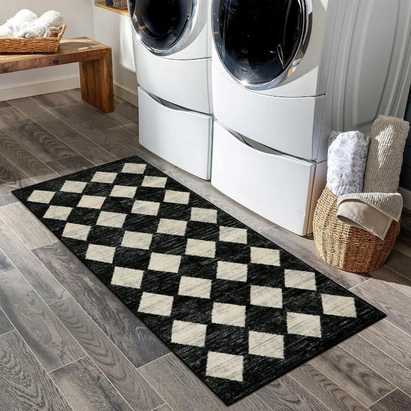 Washable Black And White Kitchen Runner Rug Faux Wool 2 Feet By 5 Feet