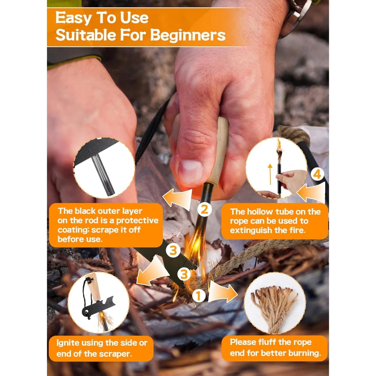 Fire Starter Survival Tool Kit with Magnesium Rod Steel Striker and Hemp Cords