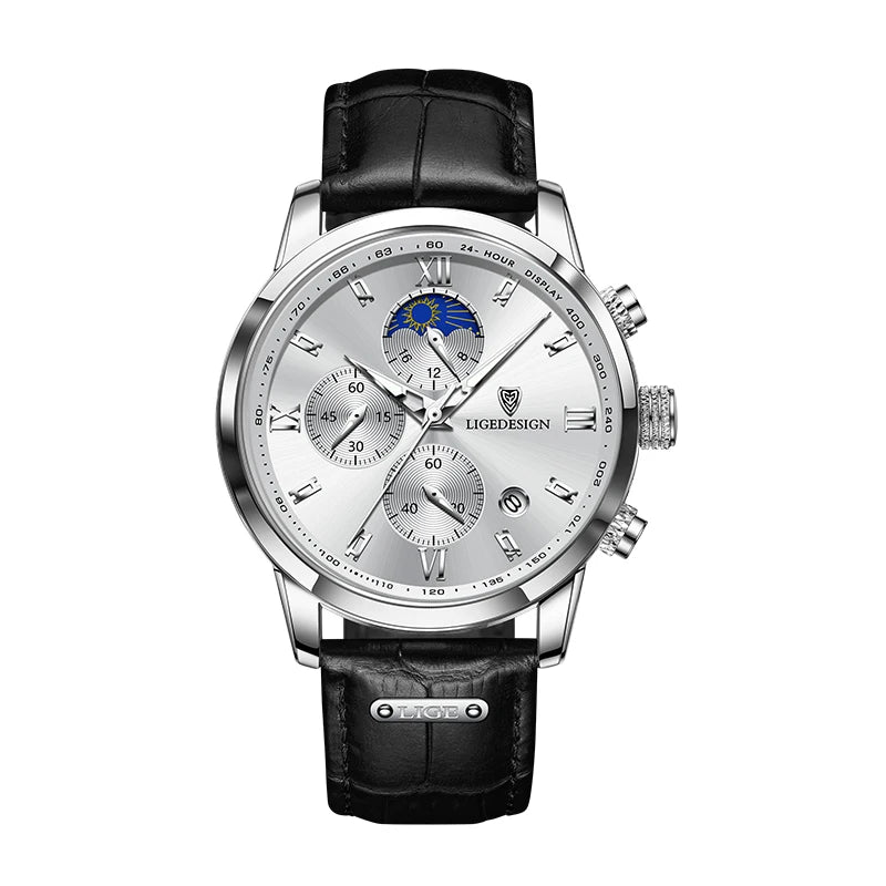 Men's Quartz Wristwatches Casual with Leather Band and Chronograph