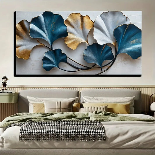 Blue And Yellow Leaf Canvas Wall Art