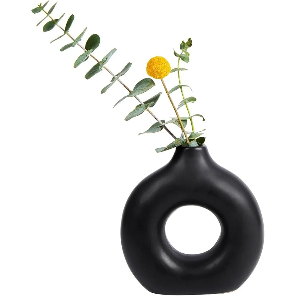 Donut Flower Vase Black Ceramic Modern Style Decorative Centerpiece