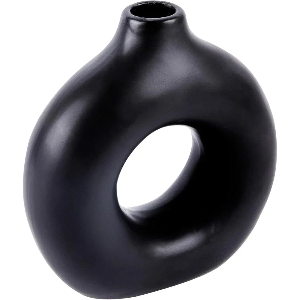 Donut Flower Vase Black Ceramic Modern Style Decorative Centerpiece