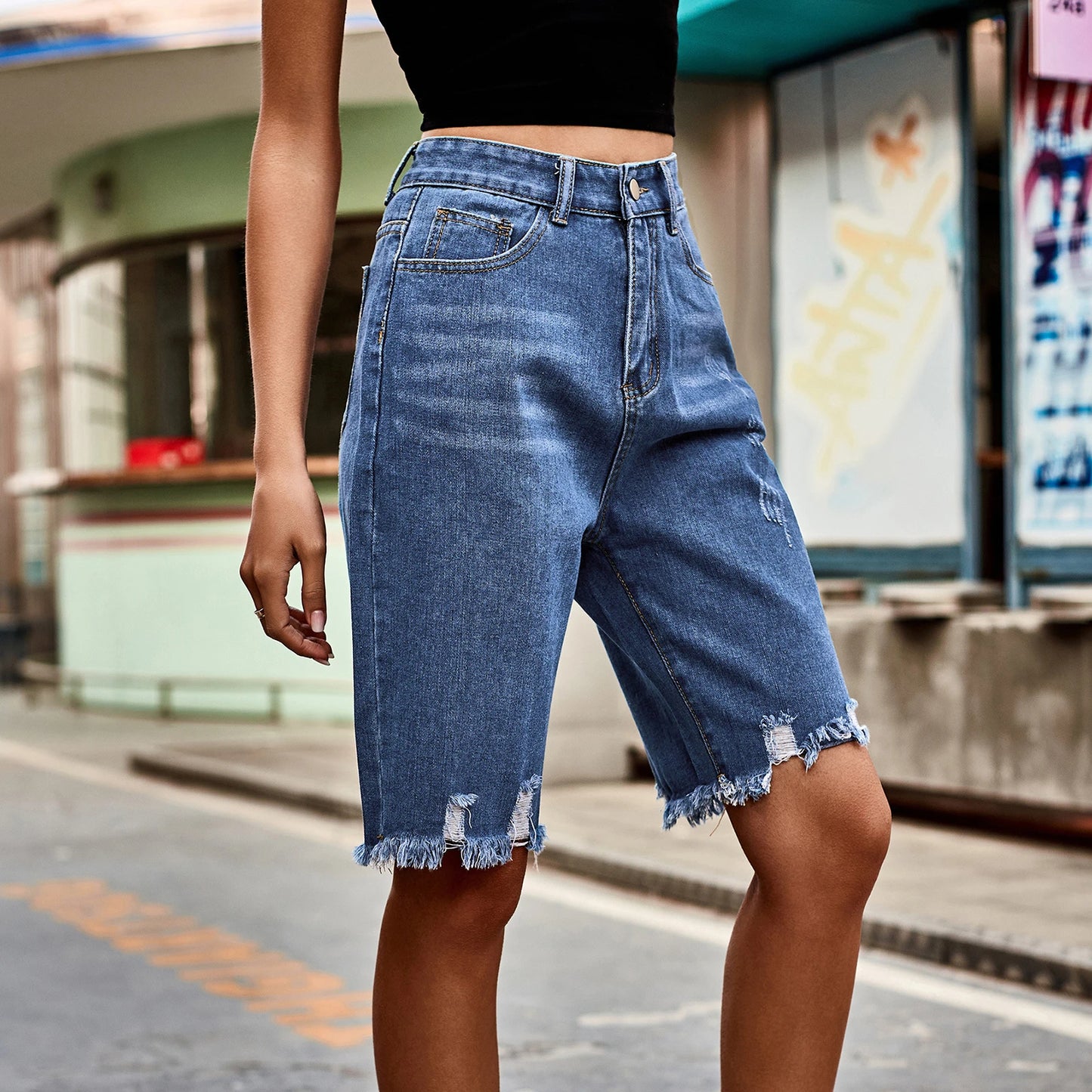 Women’s Ripped Bermuda Denim Shorts for Casual Summer Style