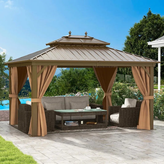 10x12ft Hardtop Gazebo with Nettings and Curtains Outdoor