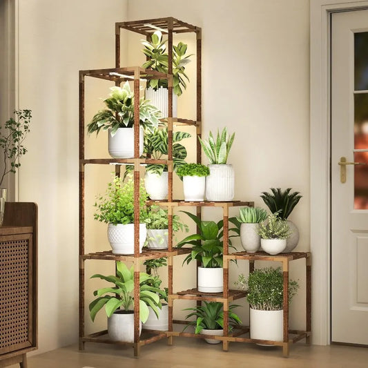 Corner Plant Stand With Grow Lights 14 Tier Tall Plant Shelf Indoor Outdoor For Multiple Plants Wood Plant Ladder Rack Holder Display Flower Stand For Patio Porch Garden Living Room