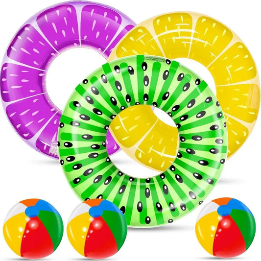 6 Pack Inflatable Kids Pool Floats with Kiwi Pineapple Grape Floats and Rainbow Beach Balls
