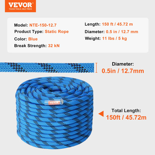 12.7mm Static Climbing Rope with Snap Hooks Blue CE Certified 32 kN Break Strength