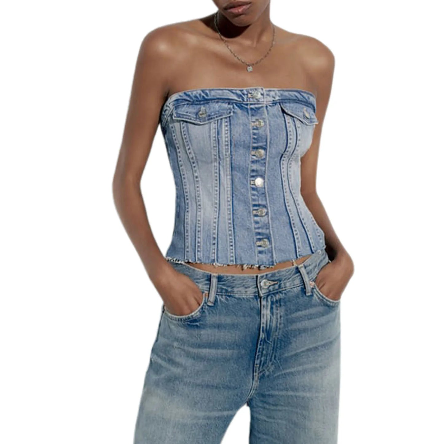 Women's Fitted Tube Top Denim Velvet Crop Top