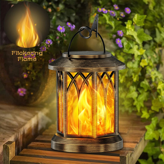 2 Pack Flickering Flame Solar Lanterns Outdoor Solar Lawn and Hanging Lights for Yard Patio Walkway and Driveway