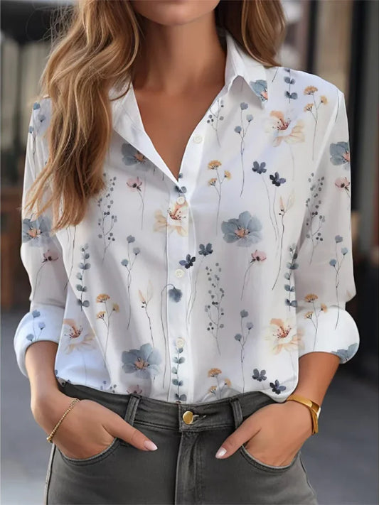 Plus Size Women Loose Shirts with Polo Collar and Printing