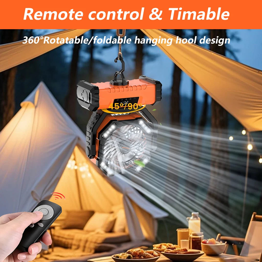 Portable LED Camping Fan with Rechargeable Battery and Light