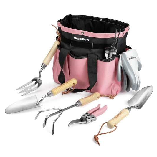 8-Piece Pink Garden Tool Set with Fork Spade Gloves