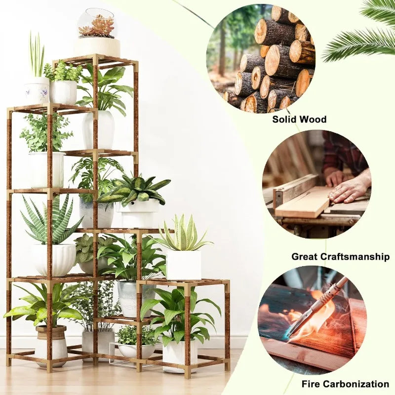 Corner Plant Stand With Grow Lights 14 Tier Tall Plant Shelf Indoor Outdoor For Multiple Plants Wood Plant Ladder Rack Holder Display Flower Stand For Patio Porch Garden Living Room
