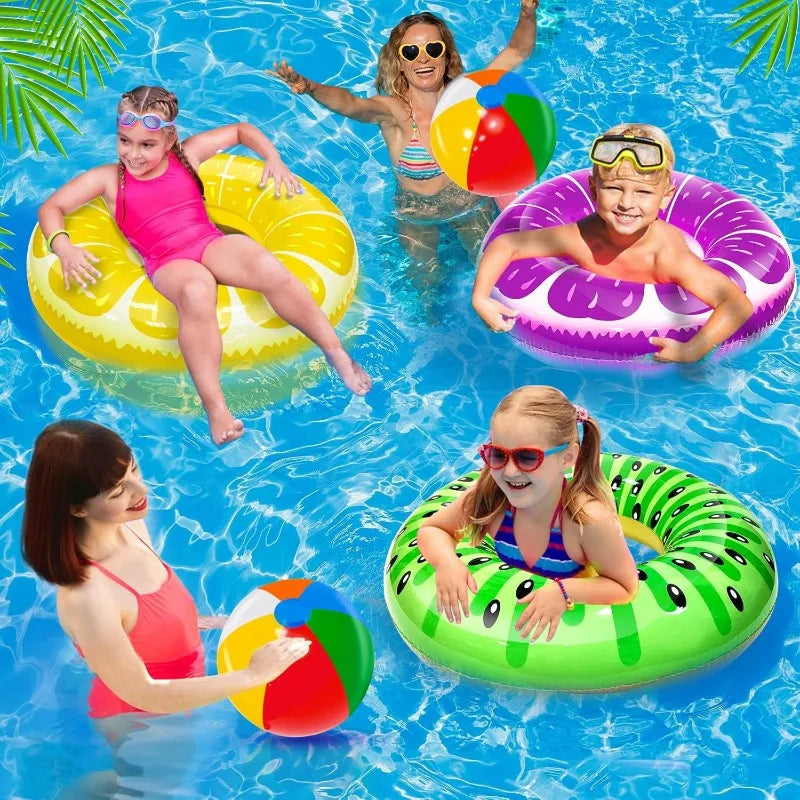 6 Pack Inflatable Kids Pool Floats with Kiwi Pineapple Grape Floats and Rainbow Beach Balls