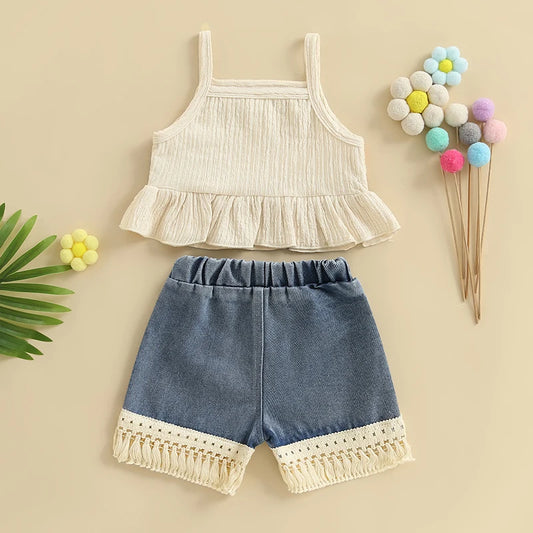 Girls Tank Top and Fringed Denim Shorts Set for Kids