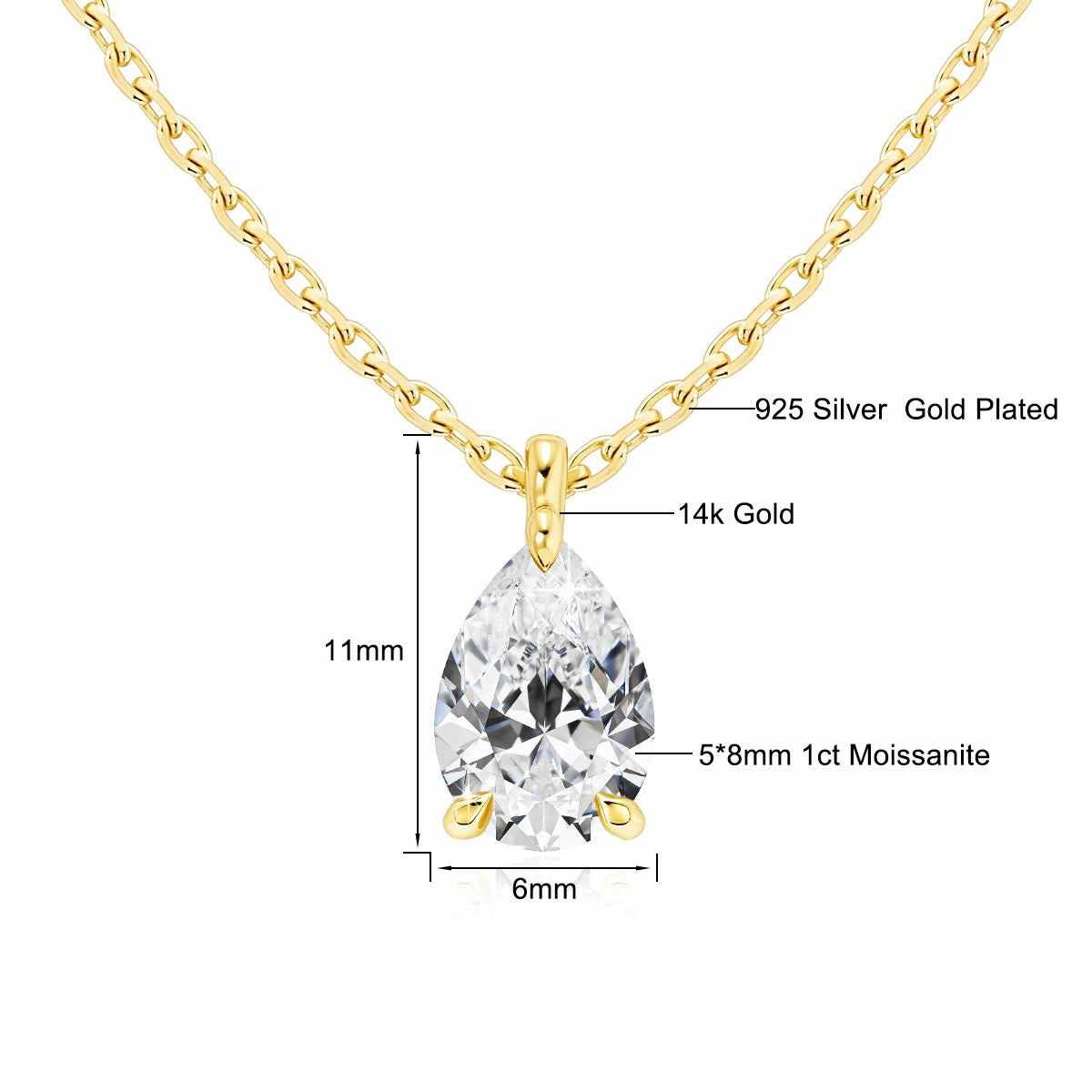 14K Gold 2CT Pear Cut Moissanite Necklace for Women