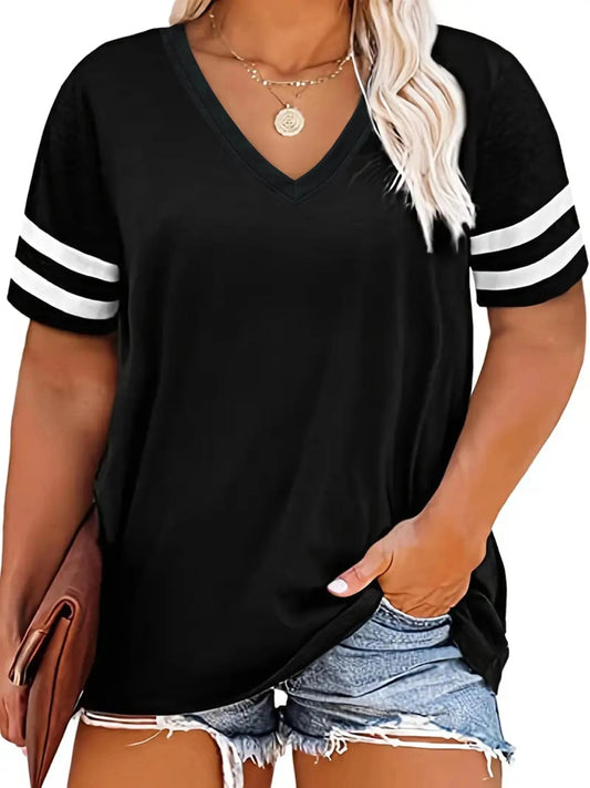 Plus Size Fashion Color Blocked V-neck T-shirt for Women