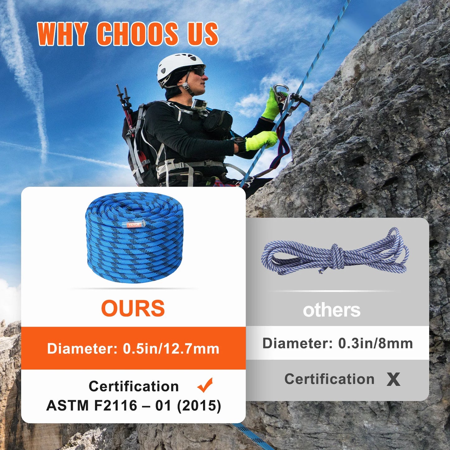 12.7mm Static Climbing Rope with Snap Hooks Blue CE Certified 32 kN Break Strength