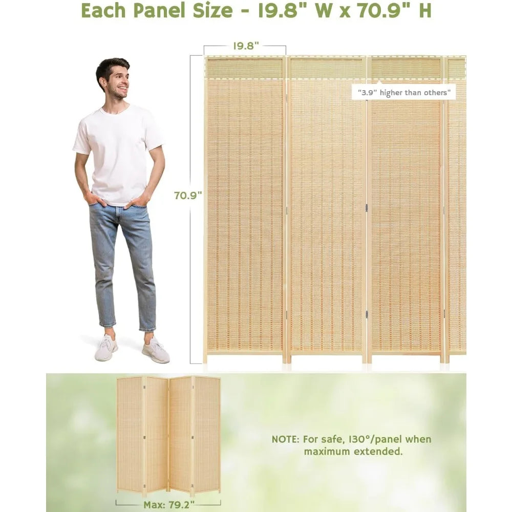 Room Divider 4 Panel Folding Privacy Screen Bamboo 6 ft Tall