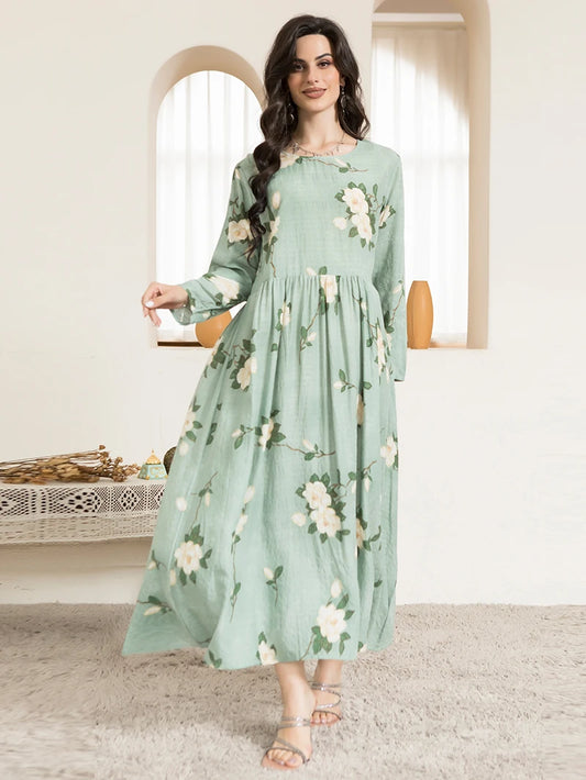 Casual Round Neck Floral Print Wrinkle Spliced Long Dress Mint Green