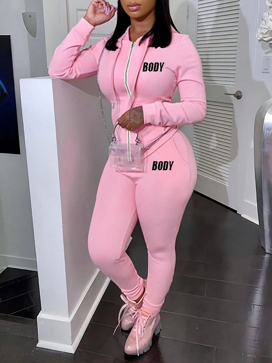 Women's Pink Zipper Sportswear Set of 2 Pieces Hoodie and Sweatpants