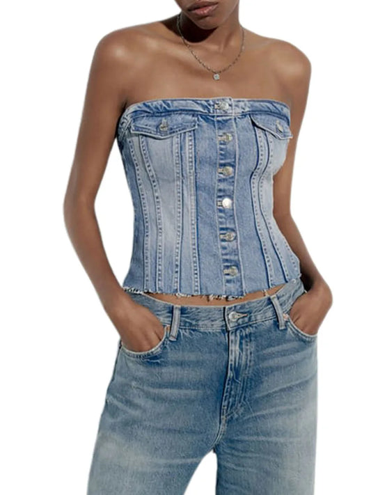Women's Fitted Tube Top Denim Velvet Crop Top