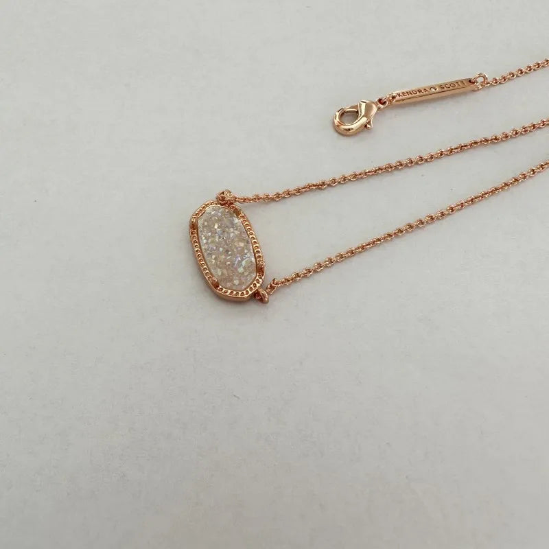 Iridescent Drusy Gemstone Natural Crystal Pendant Necklace