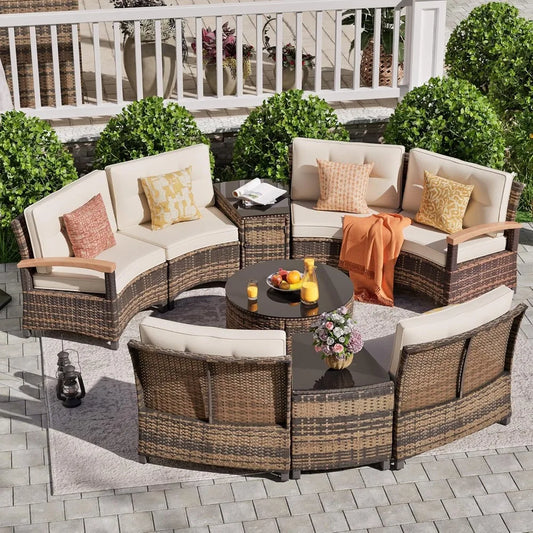 9 Piece Outdoor Patio Furniture Set with Unique Half Moon Design for Garden