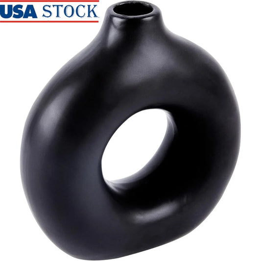 Donut Flower Vase Black Ceramic Modern Style Decorative Centerpiece