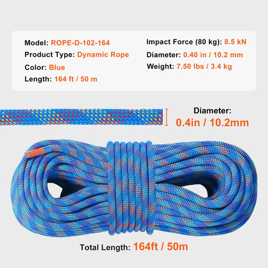 10.2mm Dynamic Climbing Rope 197ft with Hooks CE Certified Blue