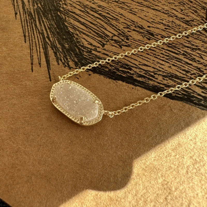 Iridescent Drusy Gemstone Natural Crystal Pendant Necklace