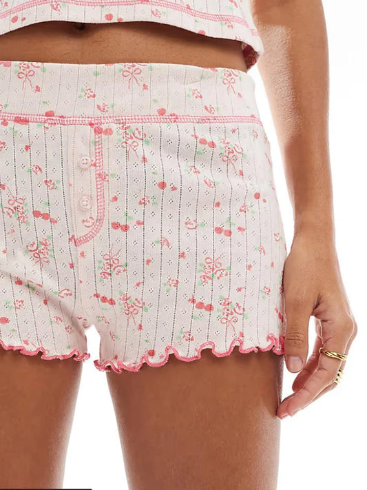 Women’s Pajama Shorts with Mini Cherry Print and Ruffles