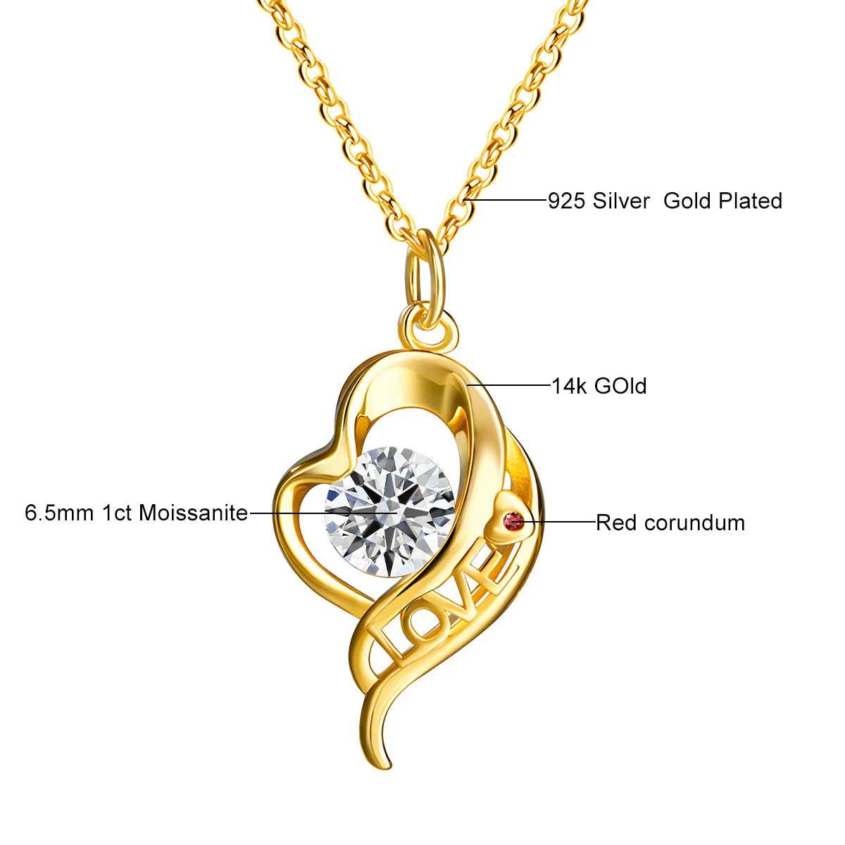 14k Gold Heart Necklace Moissanite with Certificate