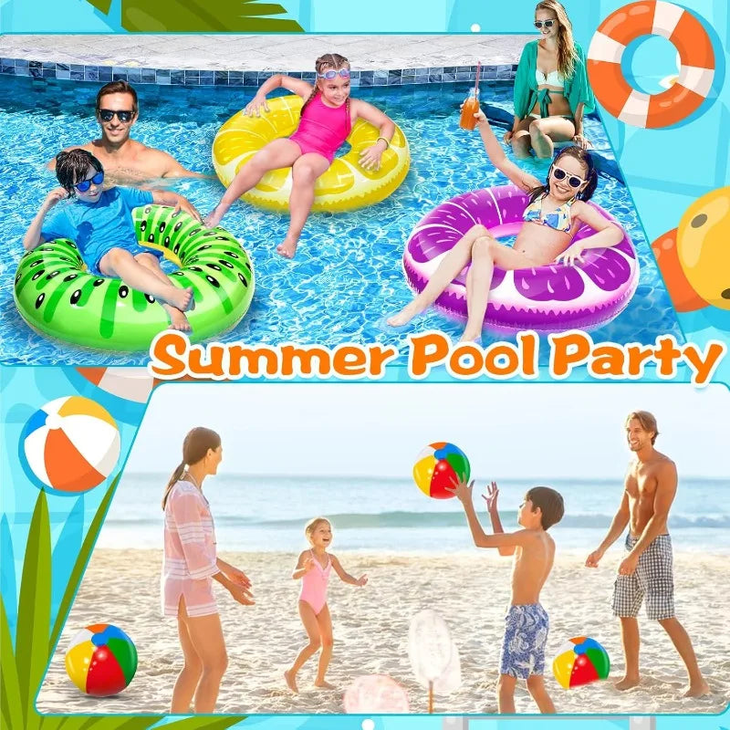 6 Pack Inflatable Kids Pool Floats with Kiwi Pineapple Grape Floats and Rainbow Beach Balls