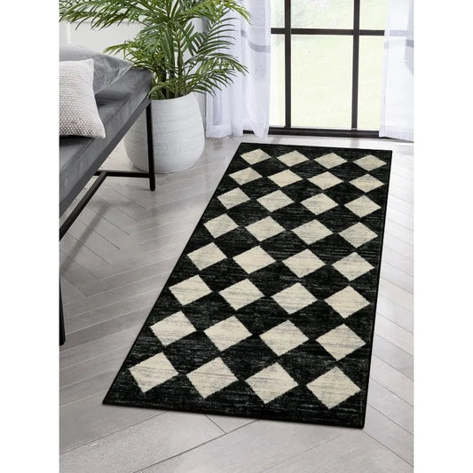 Washable Black And White Kitchen Runner Rug Faux Wool 2 Feet By 5 Feet