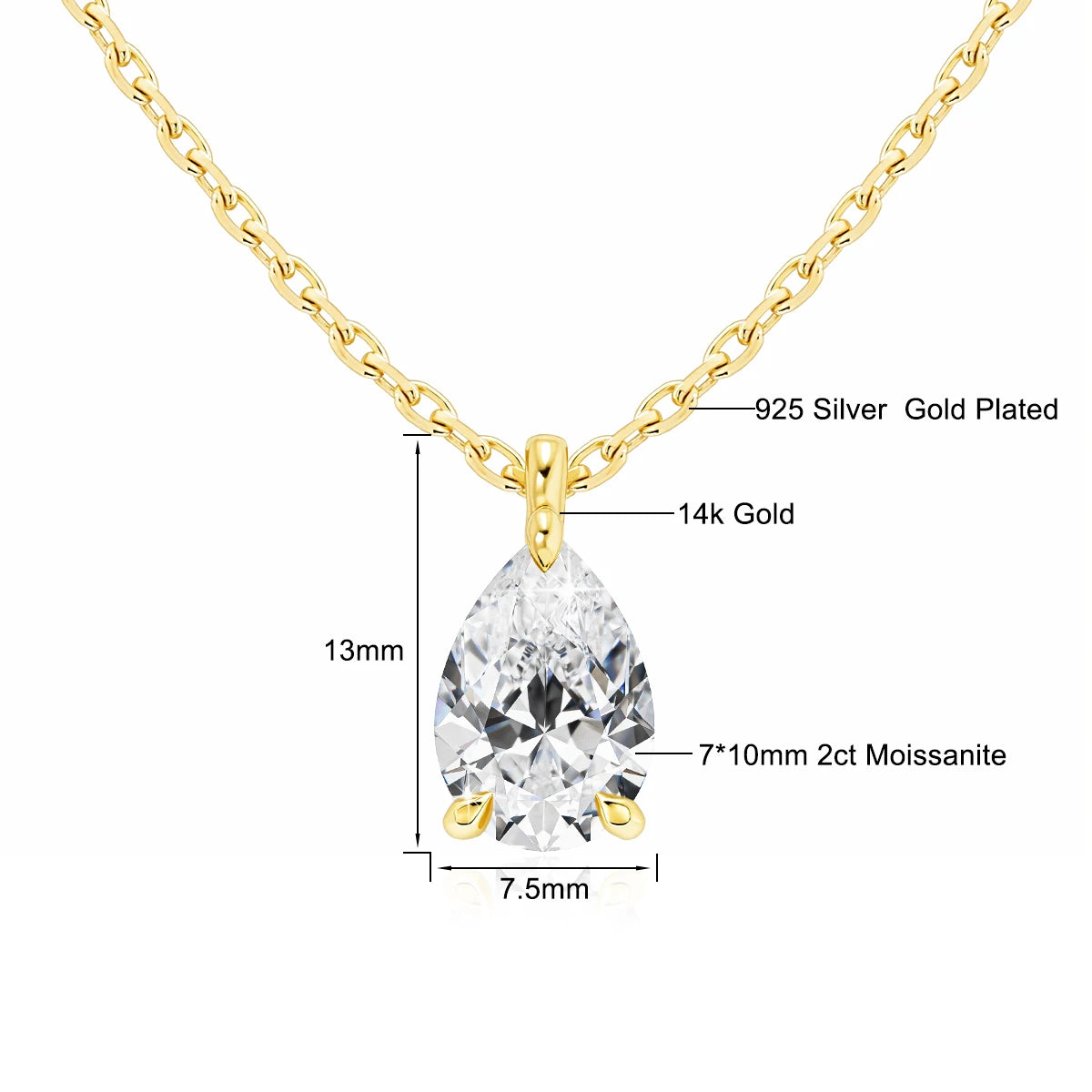 14K Gold 2CT Pear Cut Moissanite Necklace for Women