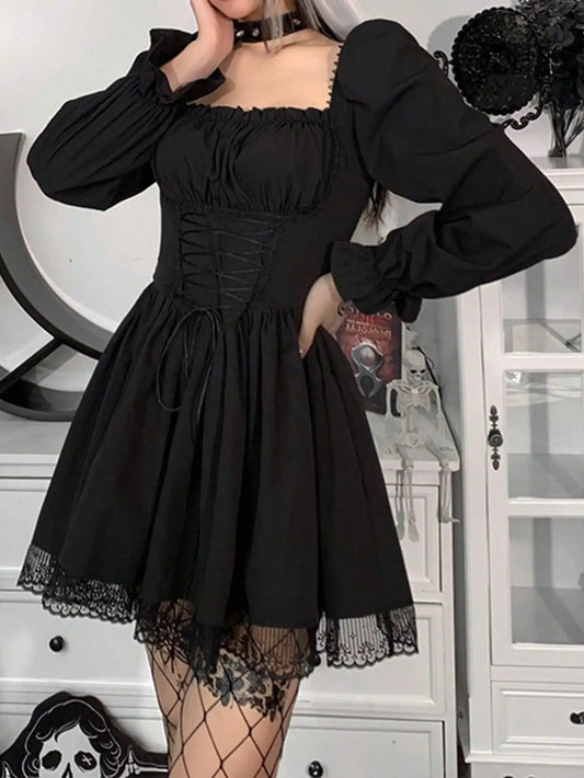 Women's Gothic Dress Vintage Lace Ankle Length Black Non Woven