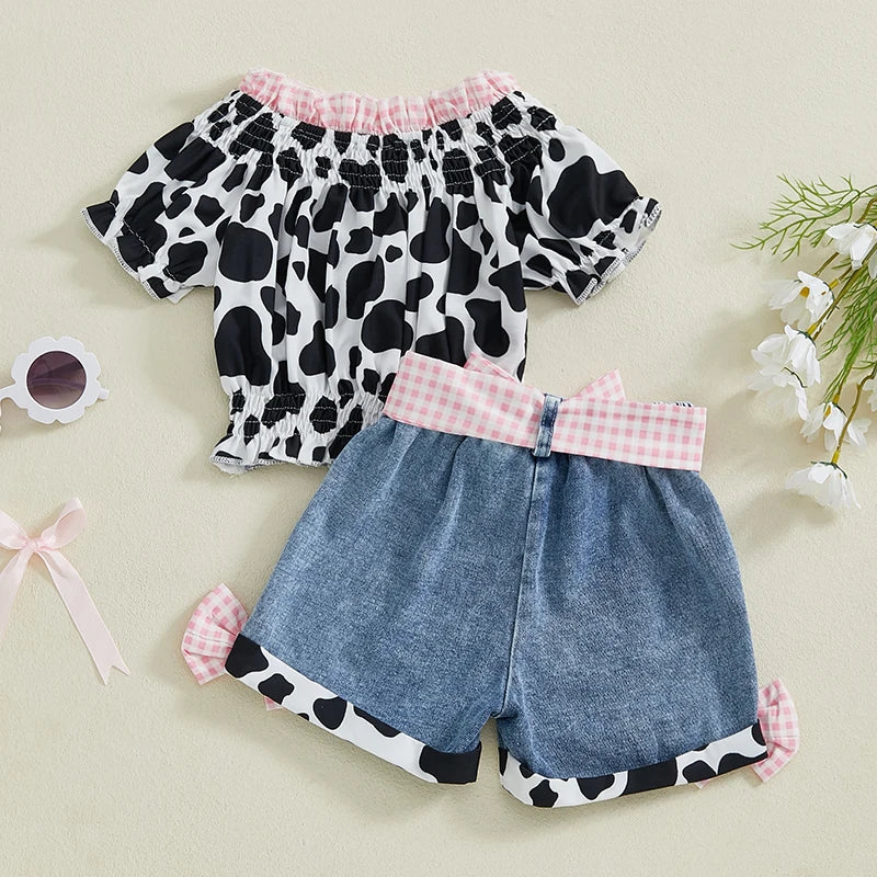 Girls Summer Outfit Cow Print T-Shirt and Denim Shorts Set