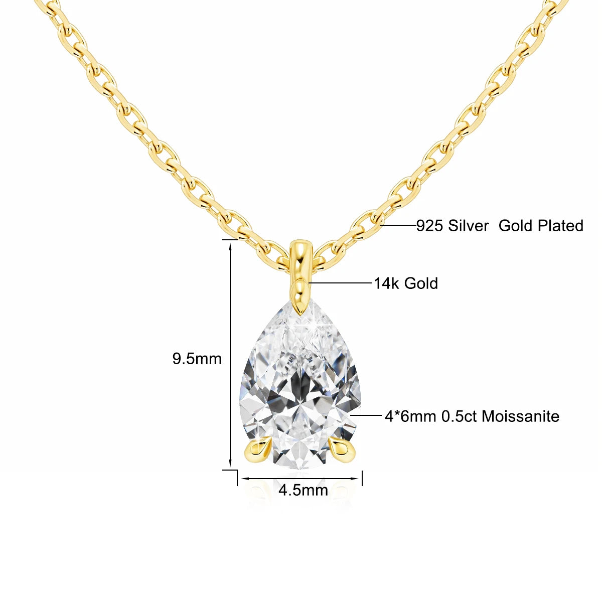 14K Gold 2CT Pear Cut Moissanite Necklace for Women